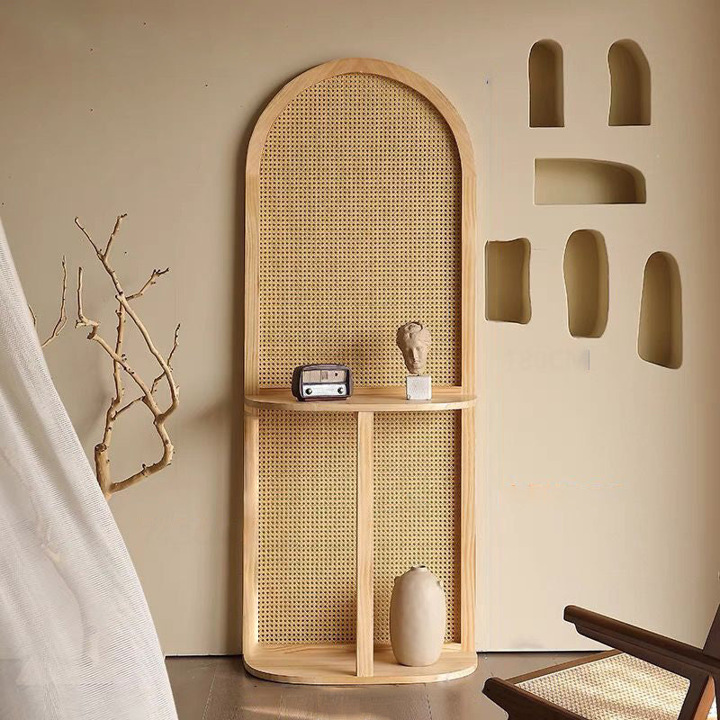 Contemporary Retro Rattan & Solid Wood Movable Corner Shelf – 2- or 4-Tier Storage, Room Divider for Living Room