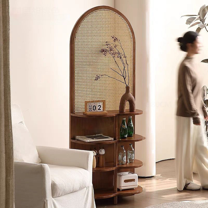 Contemporary Retro Rattan & Solid Wood Movable Corner Shelf – 2- or 4-Tier Storage, Room Divider for Living Room