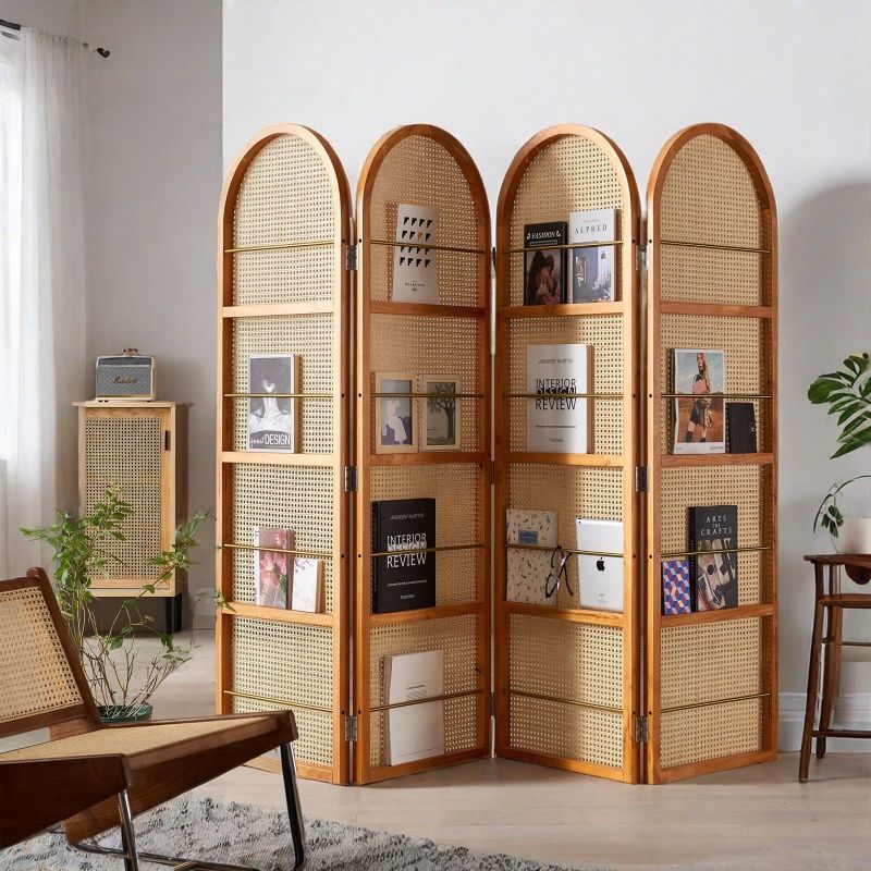 Contemporary Retro Rattan Corner Shelf Unit in Ash Wood Finish – Movable, Foldable 2/3/4-Panel Room Divider with Storage Shelves for Living Room