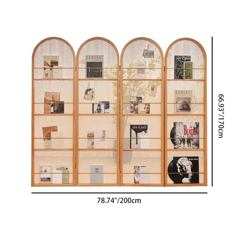 Contemporary Retro Rattan Corner Shelf Unit in Ash Wood Finish – Movable, Foldable 2/3/4-Panel Room Divider with Storage Shelves for Living Room