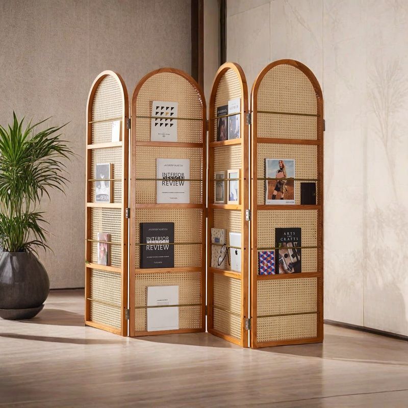 Contemporary Retro Rattan Corner Shelf Unit in Ash Wood Finish – Movable, Foldable 2/3/4-Panel Room Divider with Storage Shelves for Living Room