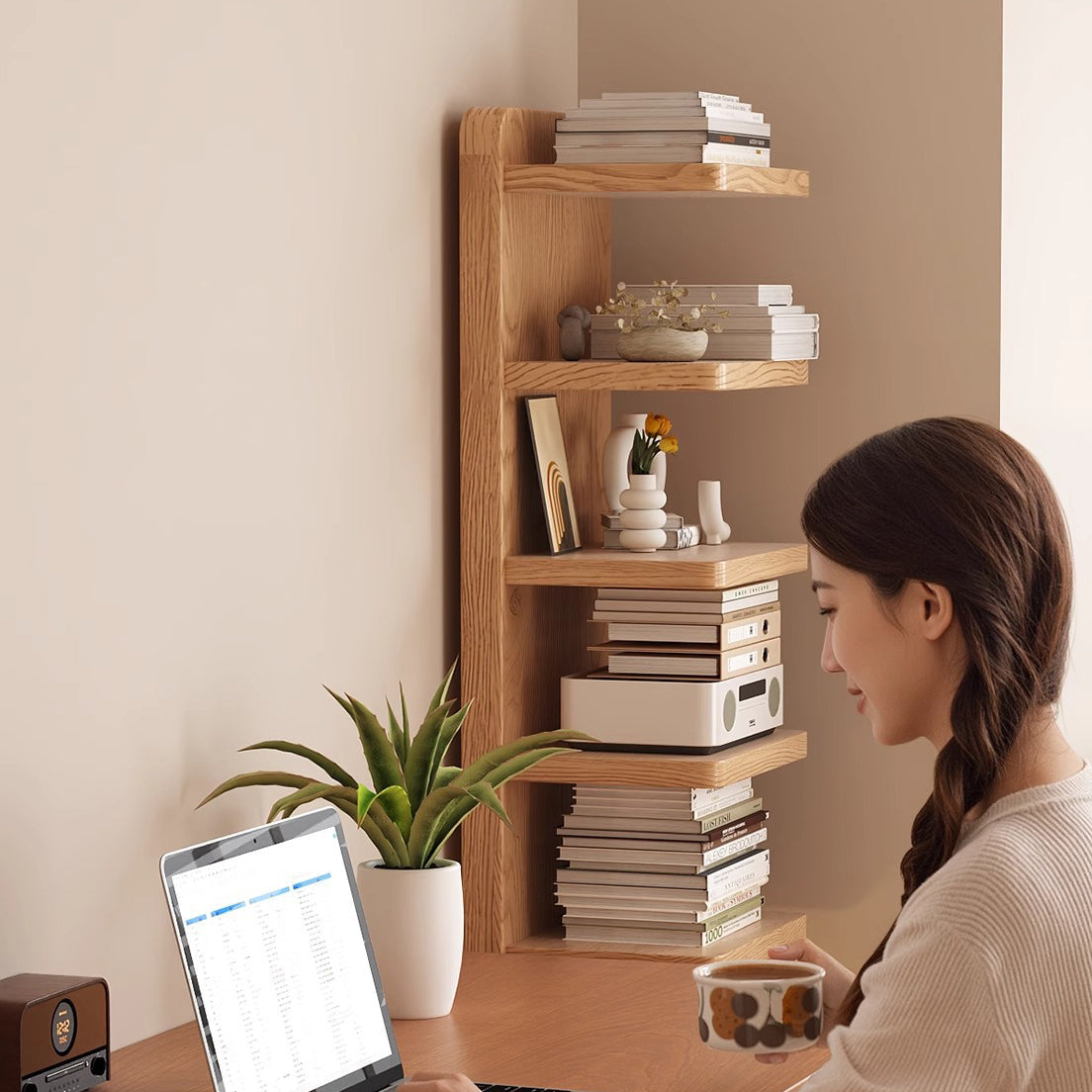 Traditional Japanese Rubberwood Corner Bookshelves — 5- or 9-Tier Standing Shelves for Study