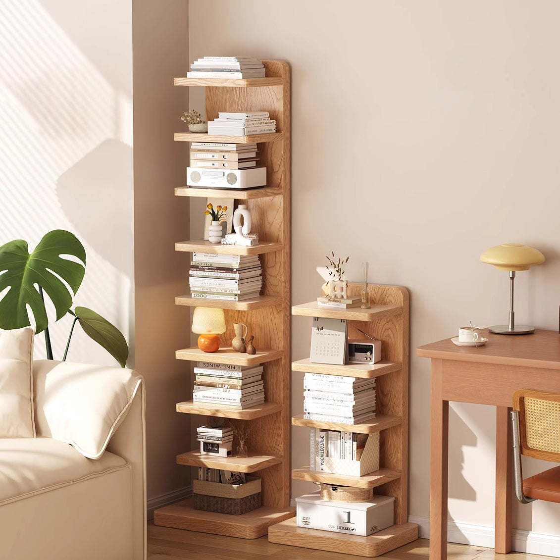 Traditional Japanese Rubberwood Corner Bookshelves — 5- or 9-Tier Standing Shelves for Study