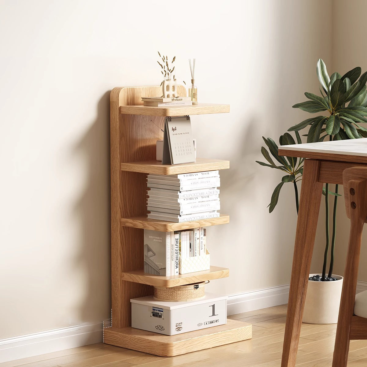 Traditional Japanese Rubberwood Corner Bookshelves — 5- or 9-Tier Standing Shelves for Study