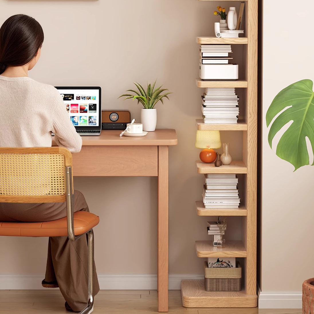 Traditional Japanese Rubberwood Corner Bookshelves — 5- or 9-Tier Standing Shelves for Study