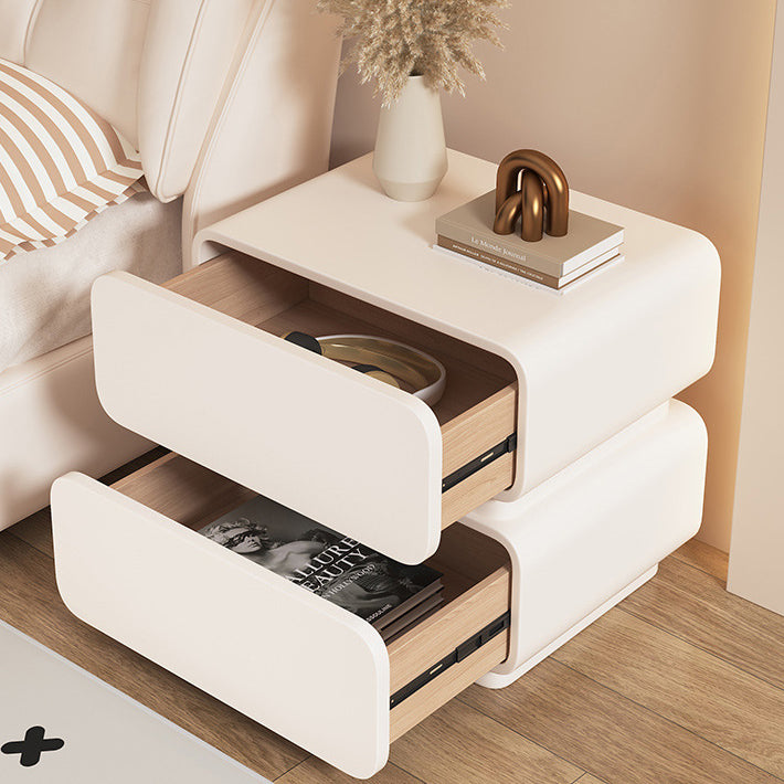 Cream Contemporary Scandinavian Nightstand with Sensor Light, Square Wood, Microfiber-Leather Finish, 2 Drawers for Bedroom