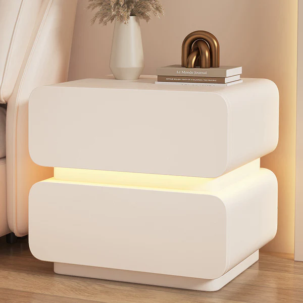 Cream Contemporary Scandinavian Nightstand with Sensor Light, Square Wood, Microfiber-Leather Finish, 2 Drawers for Bedroom