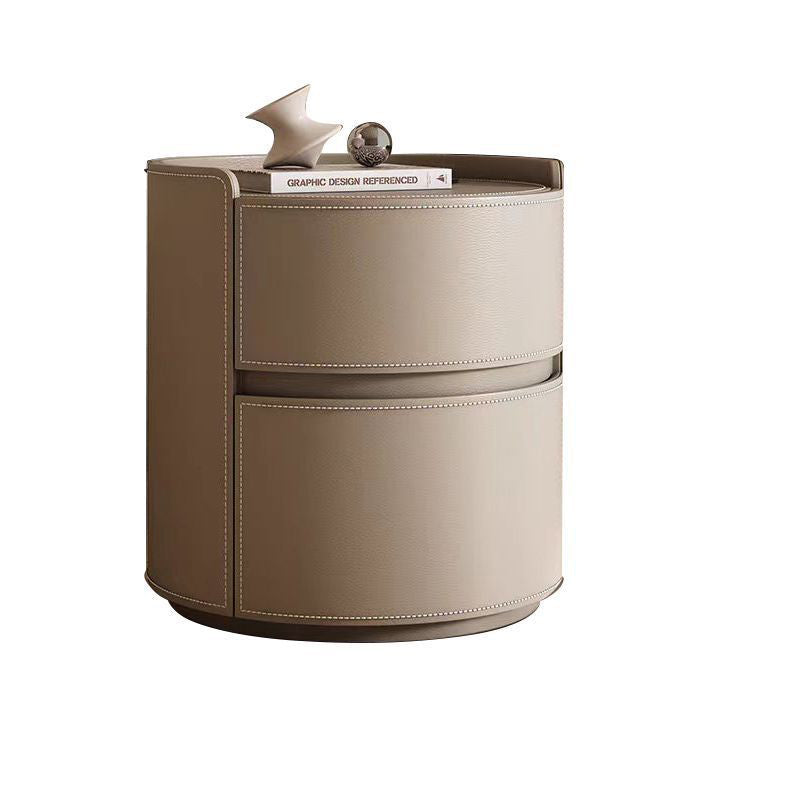 Modern Luxury Round Faux Saddle Leather Nightstand with 2 Drawers – Bedroom Accent Table