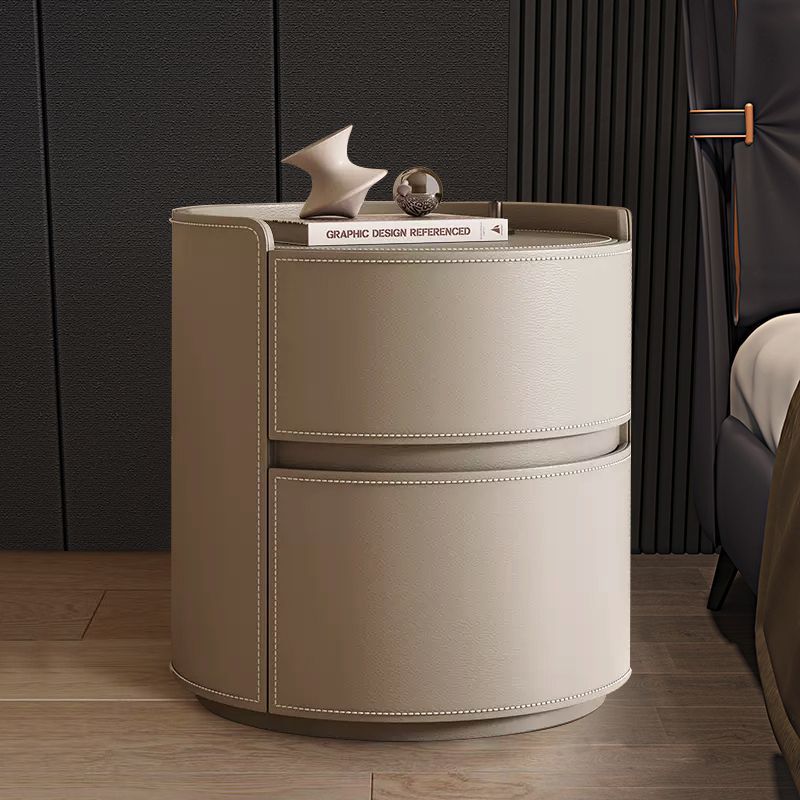 Modern Luxury Round Faux Saddle Leather Nightstand with 2 Drawers – Bedroom Accent Table