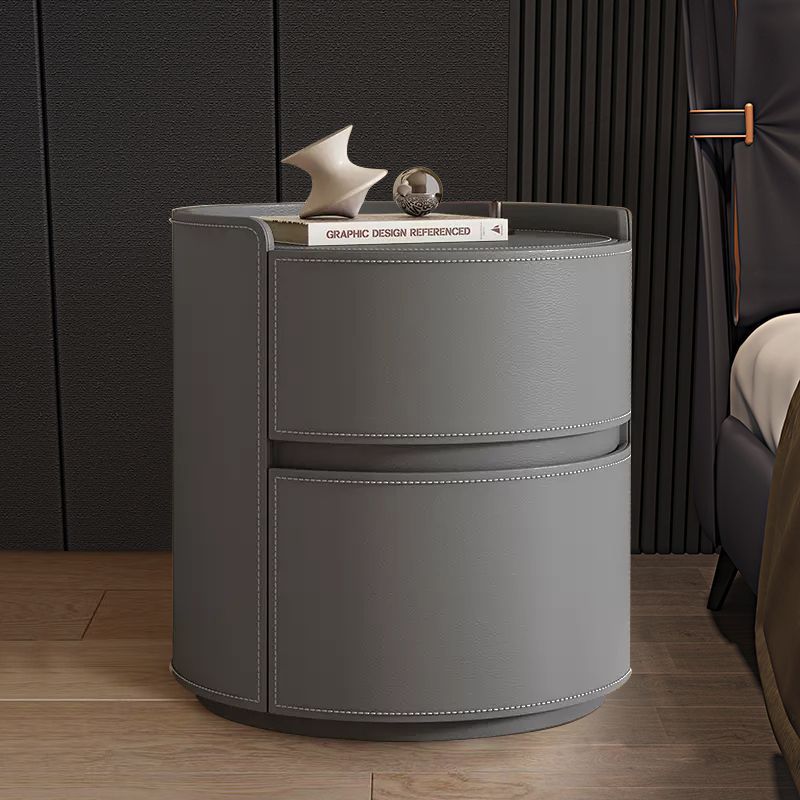 Modern Luxury Round Faux Saddle Leather Nightstand with 2 Drawers – Bedroom Accent Table