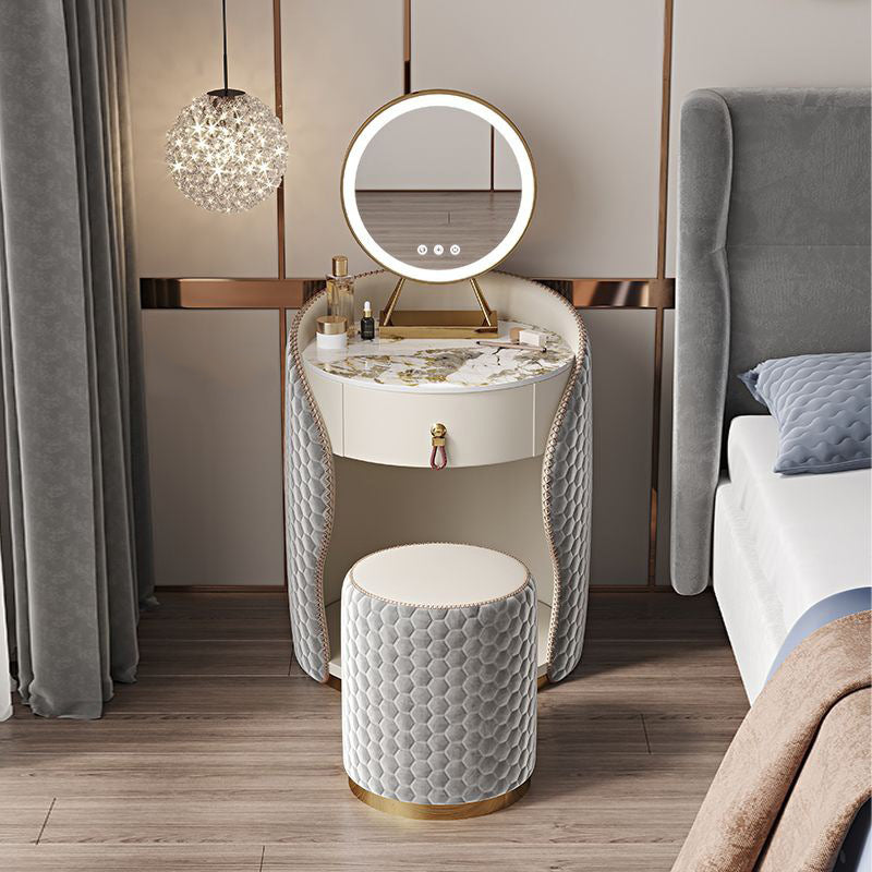 Modern Luxury Round Velvet Vanity with Solid Wood and Stainless Steel Frame — 1-Drawer Makeup Table for Bedroom