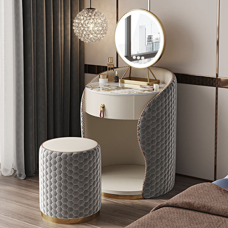 Modern Luxury Round Velvet Vanity with Solid Wood and Stainless Steel Frame — 1-Drawer Makeup Table for Bedroom