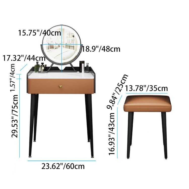 Contemporary Scandinavian Rectangular Vanity Table with Rock-Panel Accent, Microfiber Leather Upholstery, Carbon Steel Frame, 1-Drawer – Bedroom Makeup Desk