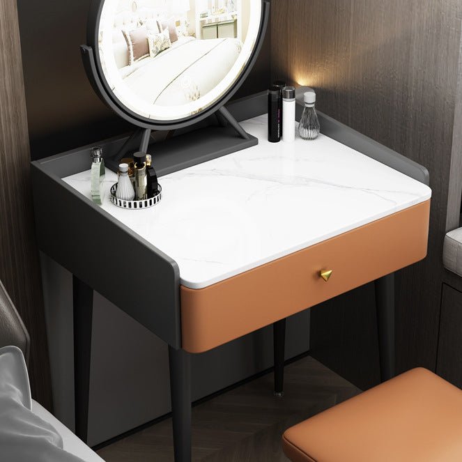 Contemporary Scandinavian Rectangular Vanity Table with Rock-Panel Accent, Microfiber Leather Upholstery, Carbon Steel Frame, 1-Drawer – Bedroom Makeup Desk