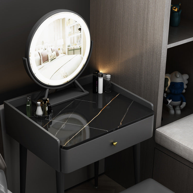 Contemporary Scandinavian Rectangular Vanity Table with Rock-Panel Accent, Microfiber Leather Upholstery, Carbon Steel Frame, 1-Drawer – Bedroom Makeup Desk