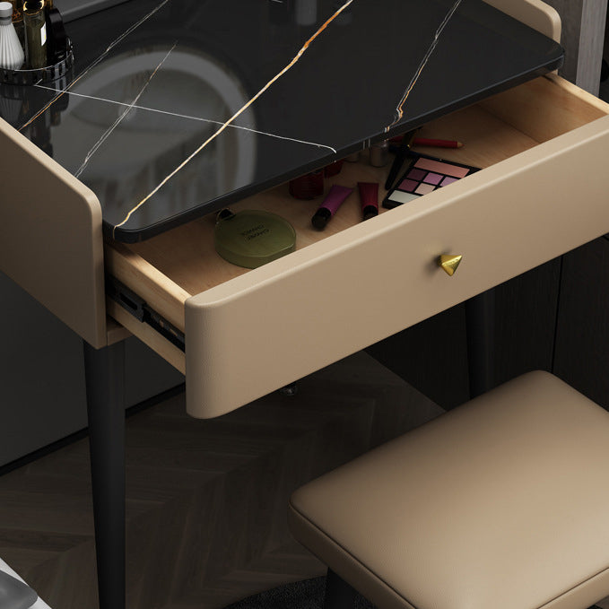Contemporary Scandinavian Rectangular Vanity Table with Rock-Panel Accent, Microfiber Leather Upholstery, Carbon Steel Frame, 1-Drawer – Bedroom Makeup Desk