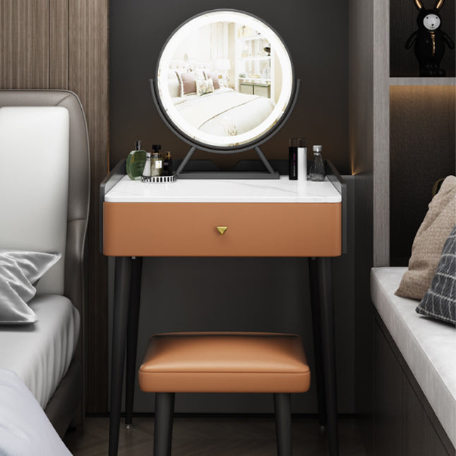 Contemporary Scandinavian Rectangular Vanity Table with Rock-Panel Accent, Microfiber Leather Upholstery, Carbon Steel Frame, 1-Drawer – Bedroom Makeup Desk