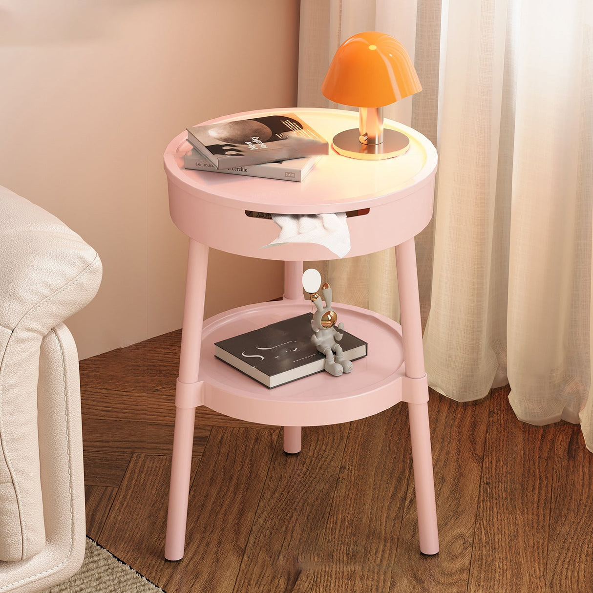 Modern Minimalist Round Coffee Table with Hidden Storage – 2-Tier Plastic Design for Living Room