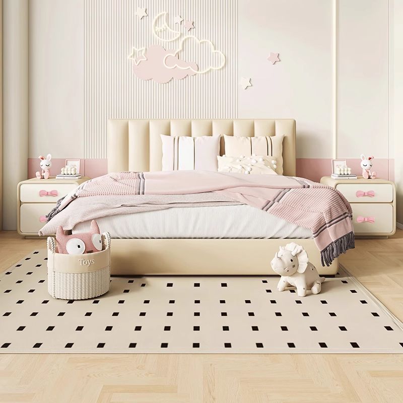 Modern Art Deco Rectangular Solid Wood Kids Nightstand with Bowknot, 2-Drawer Bedside Table for Bedroom