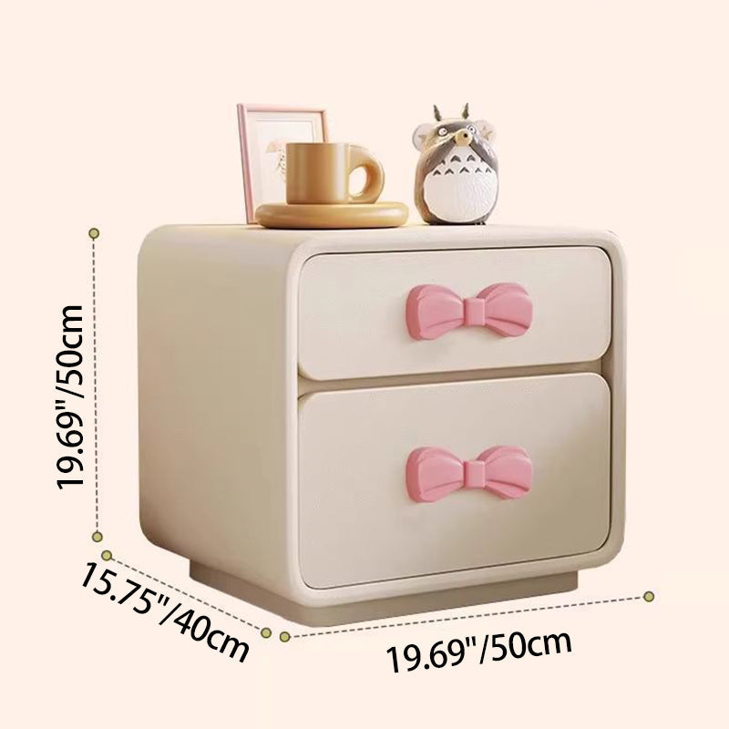 Modern Art Deco Rectangular Solid Wood Kids Nightstand with Bowknot, 2-Drawer Bedside Table for Bedroom