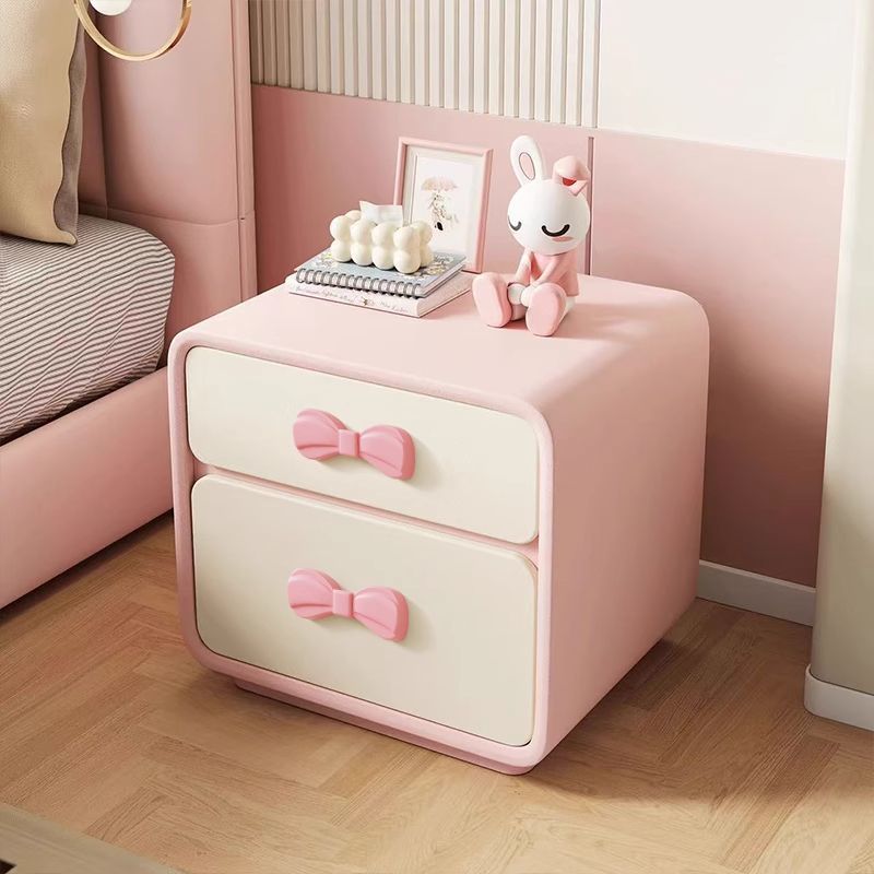 Modern Art Deco Rectangular Solid Wood Kids Nightstand with Bowknot, 2-Drawer Bedside Table for Bedroom
