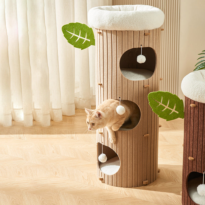 Rustic Traditional Cylindrical Tree-Hole Cat Tower with Felt Sherpa Fleece & MDF – 2/3-Hole, Ideal for Living Room