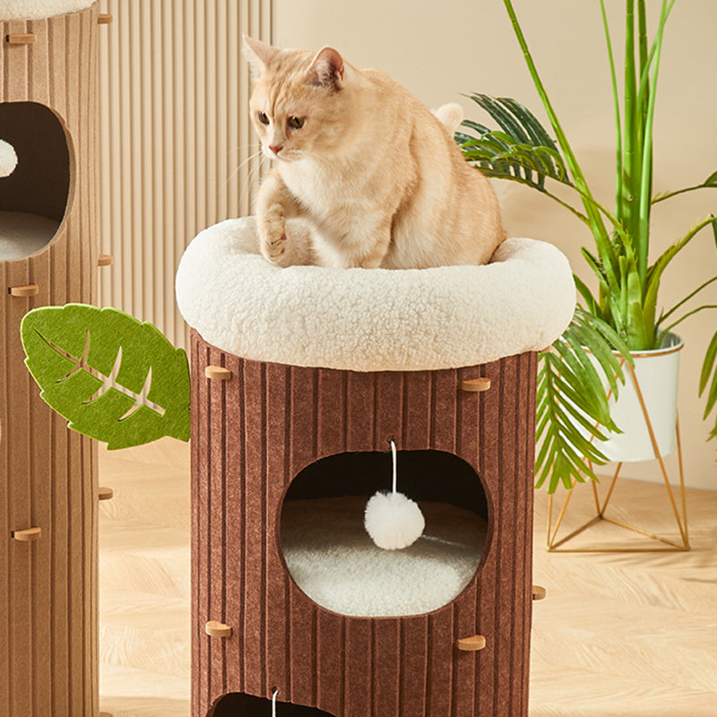 Rustic Traditional Cylindrical Tree-Hole Cat Tower with Felt Sherpa Fleece & MDF – 2/3-Hole, Ideal for Living Room
