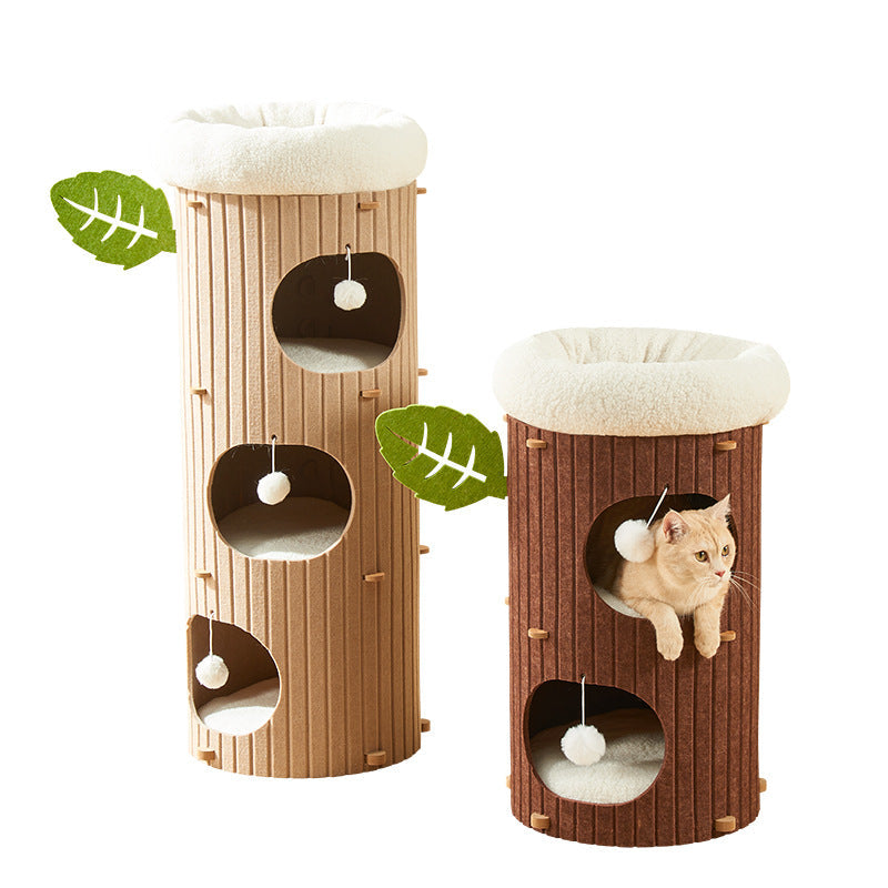 Rustic Traditional Cylindrical Tree-Hole Cat Tower with Felt Sherpa Fleece & MDF – 2/3-Hole, Ideal for Living Room