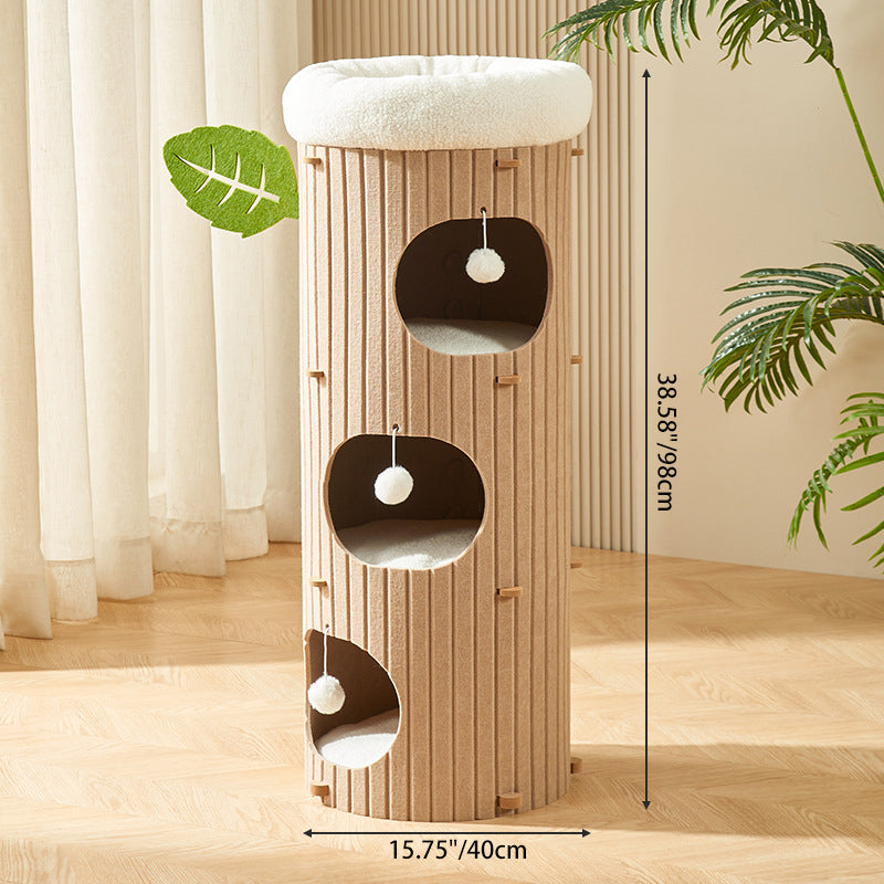 Rustic Traditional Cylindrical Tree-Hole Cat Tower with Felt Sherpa Fleece & MDF – 2/3-Hole, Ideal for Living Room
