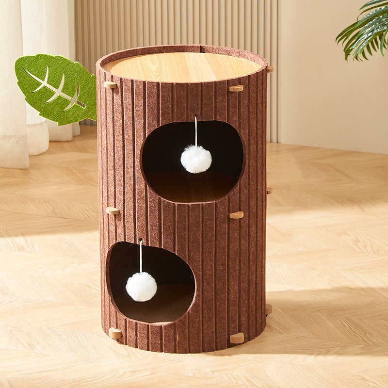 Rustic Traditional Cylindrical Tree-Hole Cat Tower with Felt Sherpa Fleece & MDF – 2/3-Hole, Ideal for Living Room