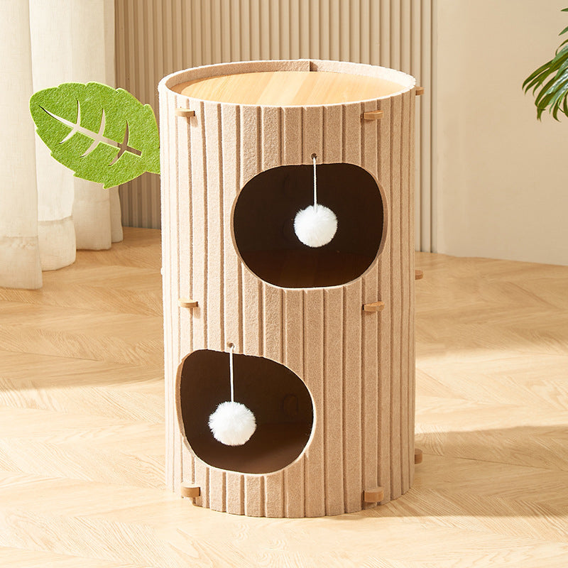 Rustic Traditional Cylindrical Tree-Hole Cat Tower with Felt Sherpa Fleece & MDF – 2/3-Hole, Ideal for Living Room