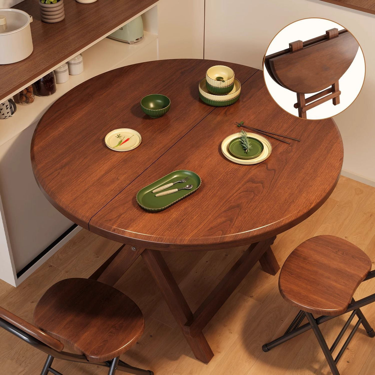 Sleek Modern Round Dining Table - Foldable with MDF Top and Iron Frame, Seats 2-8