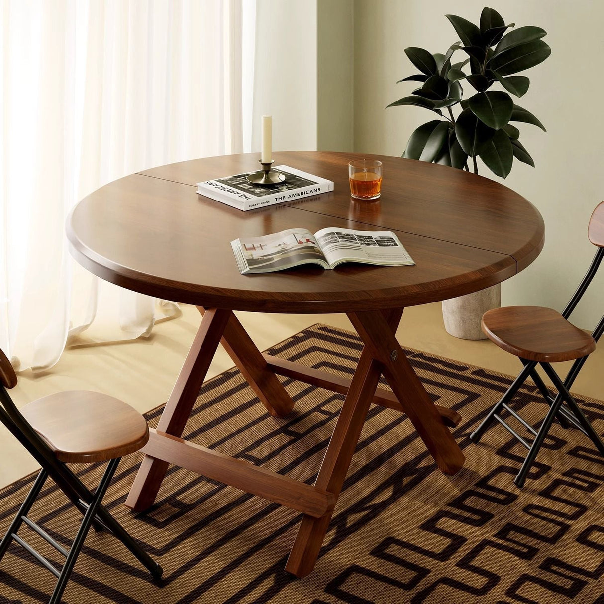 Sleek Modern Round Dining Table - Foldable with MDF Top and Iron Frame, Seats 2-8
