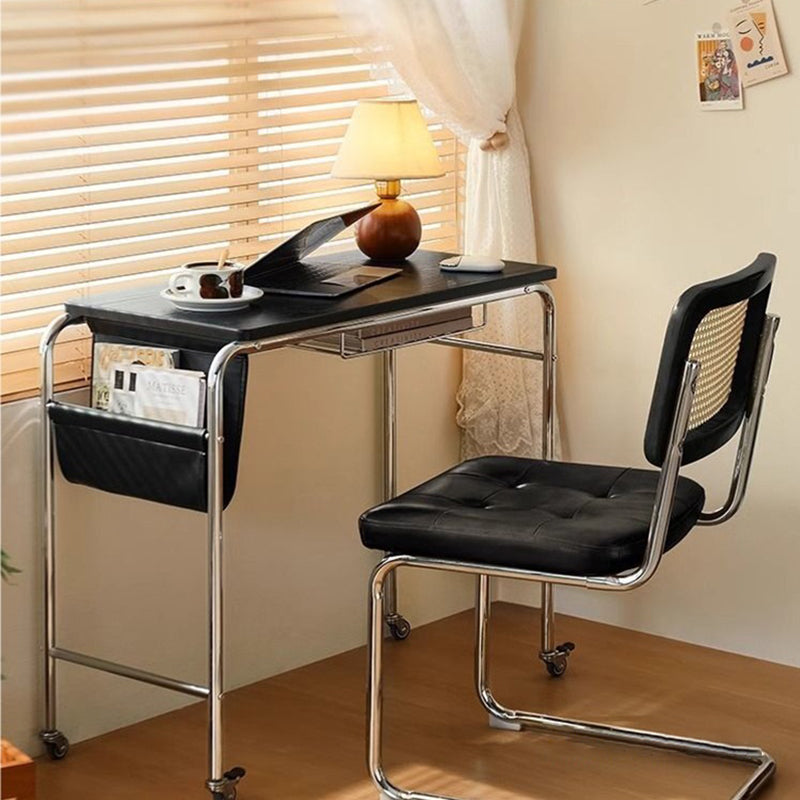 Contemporary Industrial Narrow Rectangular Desk with PU Leather Top – 1-Tier Movable MDF Desk in Stainless Steel Frame for Home Office