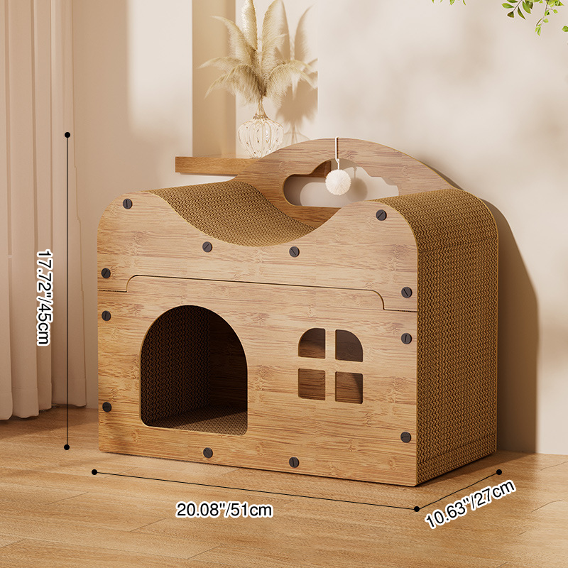 Traditional Rustic Cat Beds – House-Shaped, Wavy Rectangle Design, MDF & Corrugated Paper Construction, 1-Cabinet for Living Room