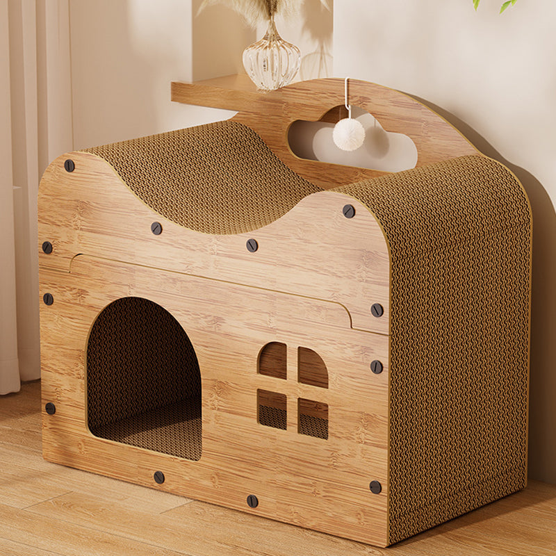 Traditional Rustic Cat Beds – House-Shaped, Wavy Rectangle Design, MDF & Corrugated Paper Construction, 1-Cabinet for Living Room