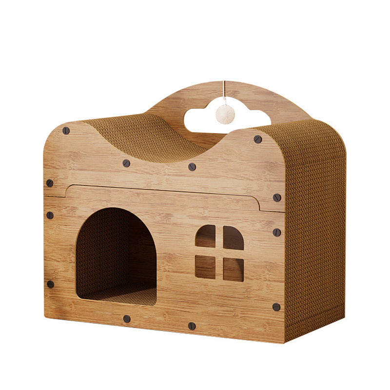 Traditional Rustic Cat Beds – House-Shaped, Wavy Rectangle Design, MDF & Corrugated Paper Construction, 1-Cabinet for Living Room