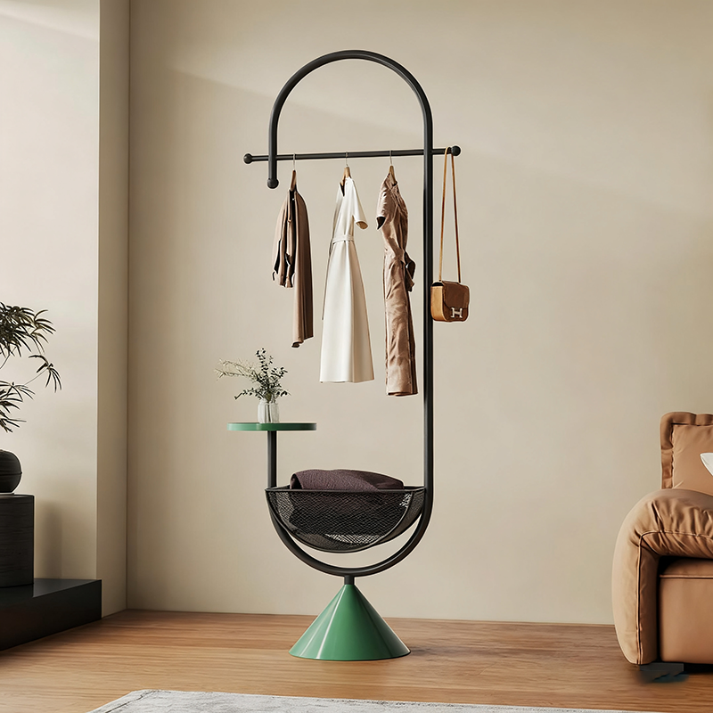 Modern Minimalist G-Shaped Hall Tree in Iron Carbon Steel, Freestanding with 1 Basket for Bedroom