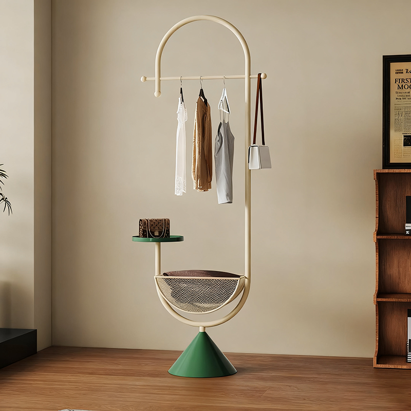 Modern Minimalist G-Shaped Hall Tree in Iron Carbon Steel, Freestanding with 1 Basket for Bedroom