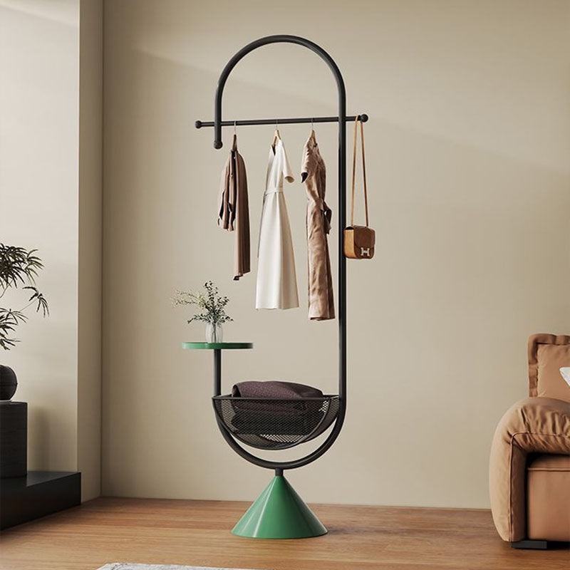 Modern Minimalist G-Shaped Hall Tree in Iron Carbon Steel, Freestanding with 1 Basket for Bedroom
