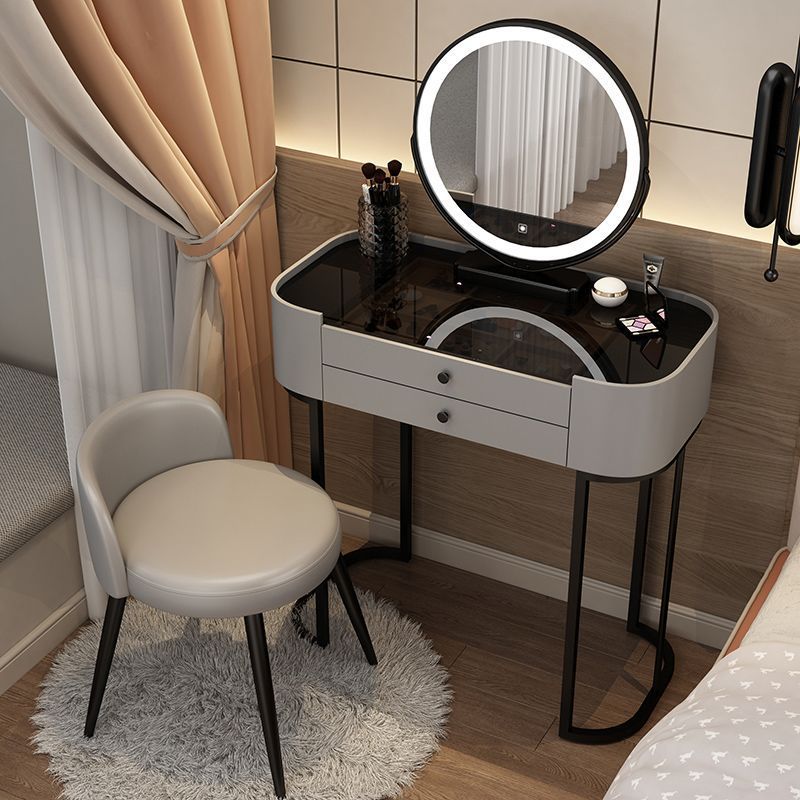 Modern Minimalist Iron Wood & Glass Makeup Vanity Table with PU Leather Stool, LED Mirror, and 2 Drawers – Rectangular Bedroom Vanity Set