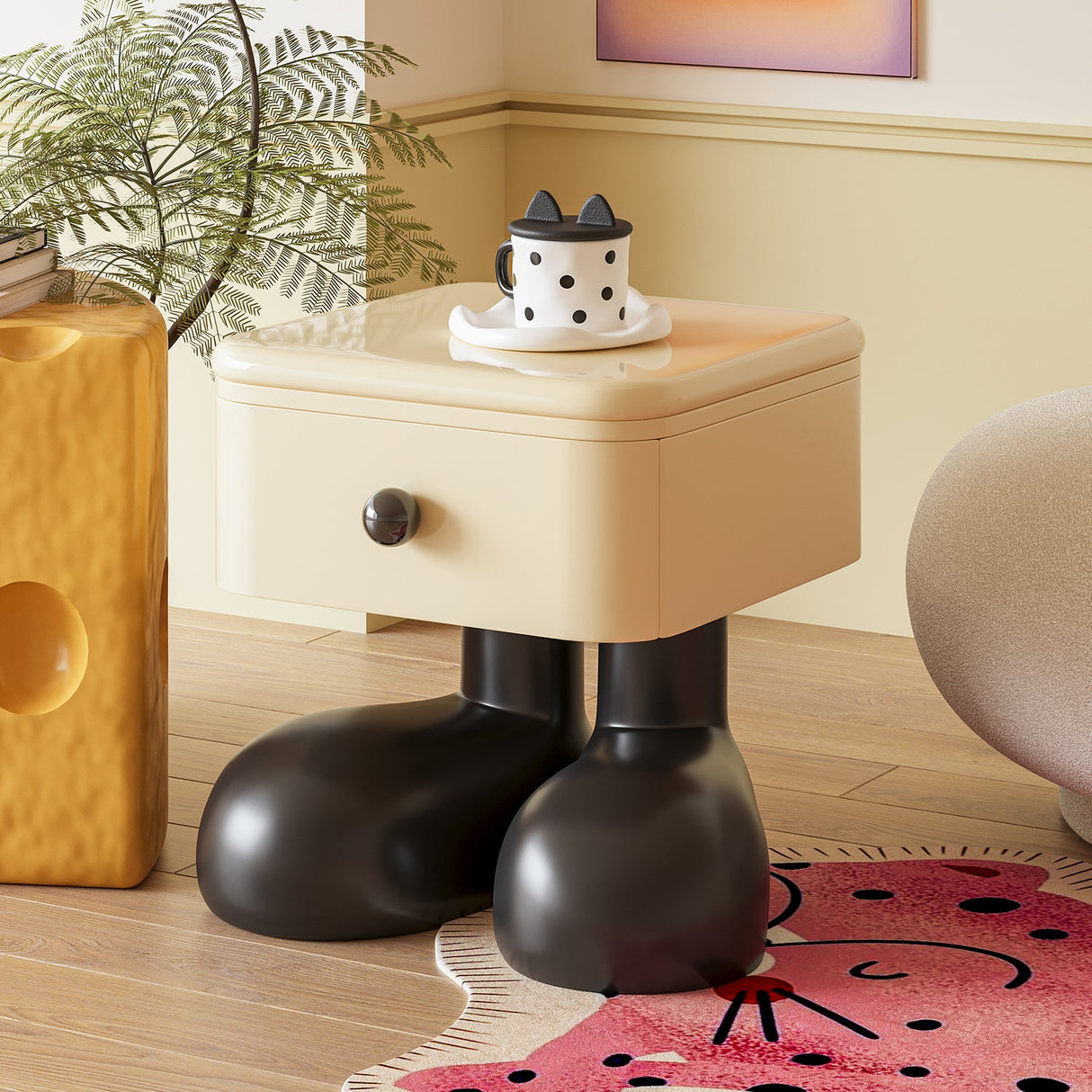 Modern Art Deco Kids Nightstand — Square Wood MDF, 1-Drawer Bedside Table for Bedroom