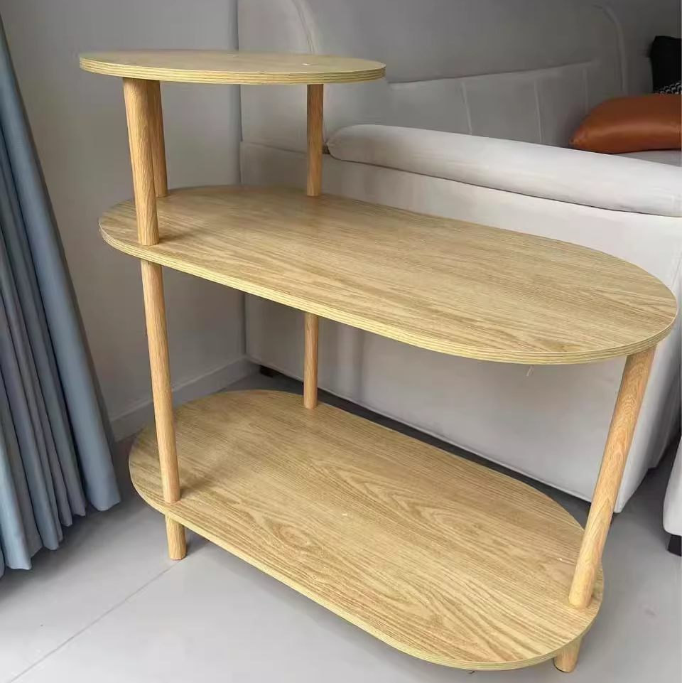 Modern Minimalist Round-Oval Solid Wood End Table with 3-Tier Storage for Living Room