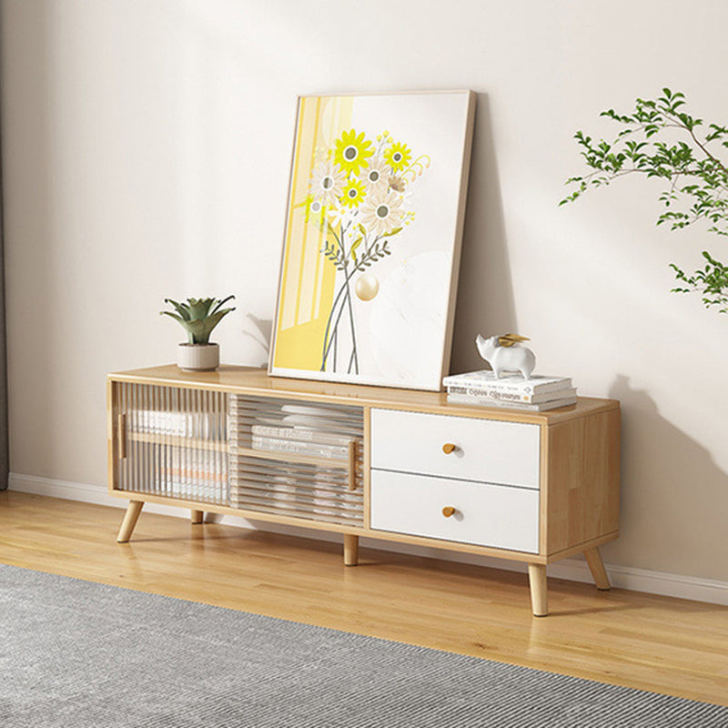 Contemporary Rectangle TV Stand in Solid Wood and Glass with 2 Drawers for Living Room