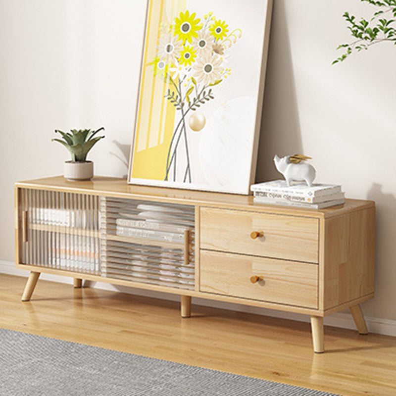 Contemporary Rectangle TV Stand in Solid Wood and Glass with 2 Drawers for Living Room