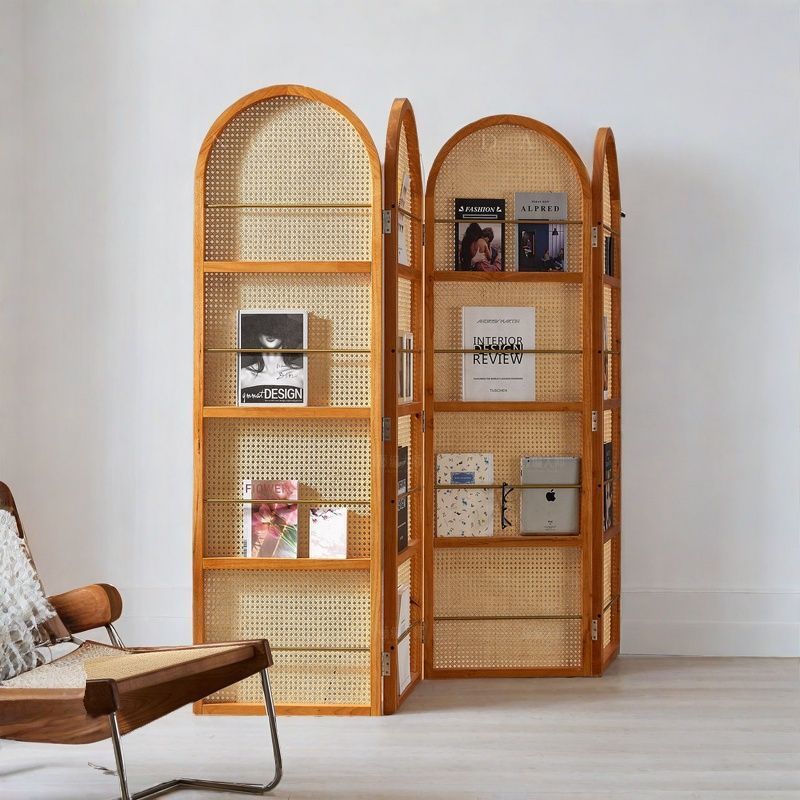 Contemporary Retro Rattan Corner Shelf Unit in Ash Wood Finish – Movable, Foldable 2/3/4-Panel Room Divider with Storage Shelves for Living Room