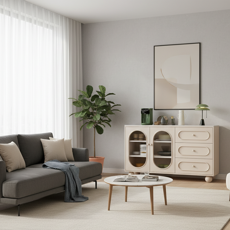 Contemporary Scandinavian Rectangular Sideboard with 1 Cabinet and 3 Drawers, Sintered Stone Surface, Fluted Glass Accents, MDF/Particle Board, Living Room