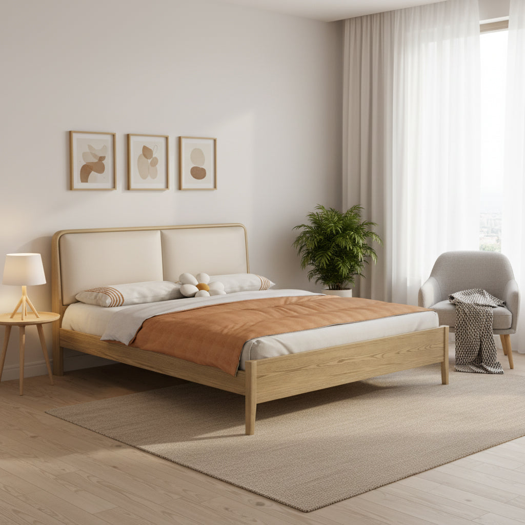 French Flush-Edge Bed Frame - Genuine Leather Headboard & Breathable Pine Slats Bed For Bedroom