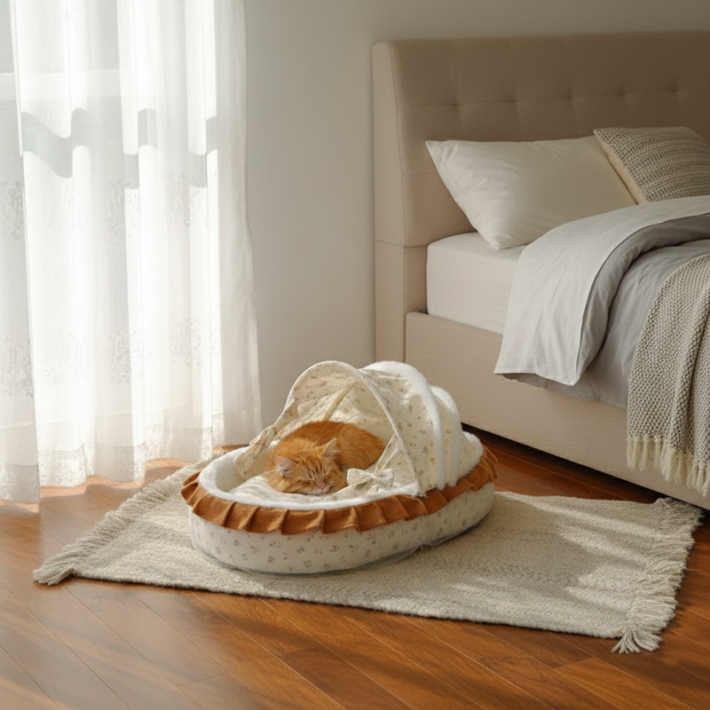 Traditional French Curved Rocking Cradle Sunshade – MDF Pet Bed for Cats with Fabric Cover, Bedroom-Ready