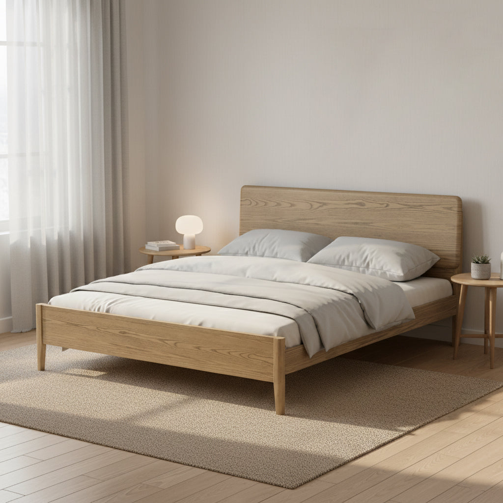 Traditional Rustic Flush-Edge Bed Frame - Full Ash Wood Frame & Pine Slats Adjustable Height Bed For Bedroom